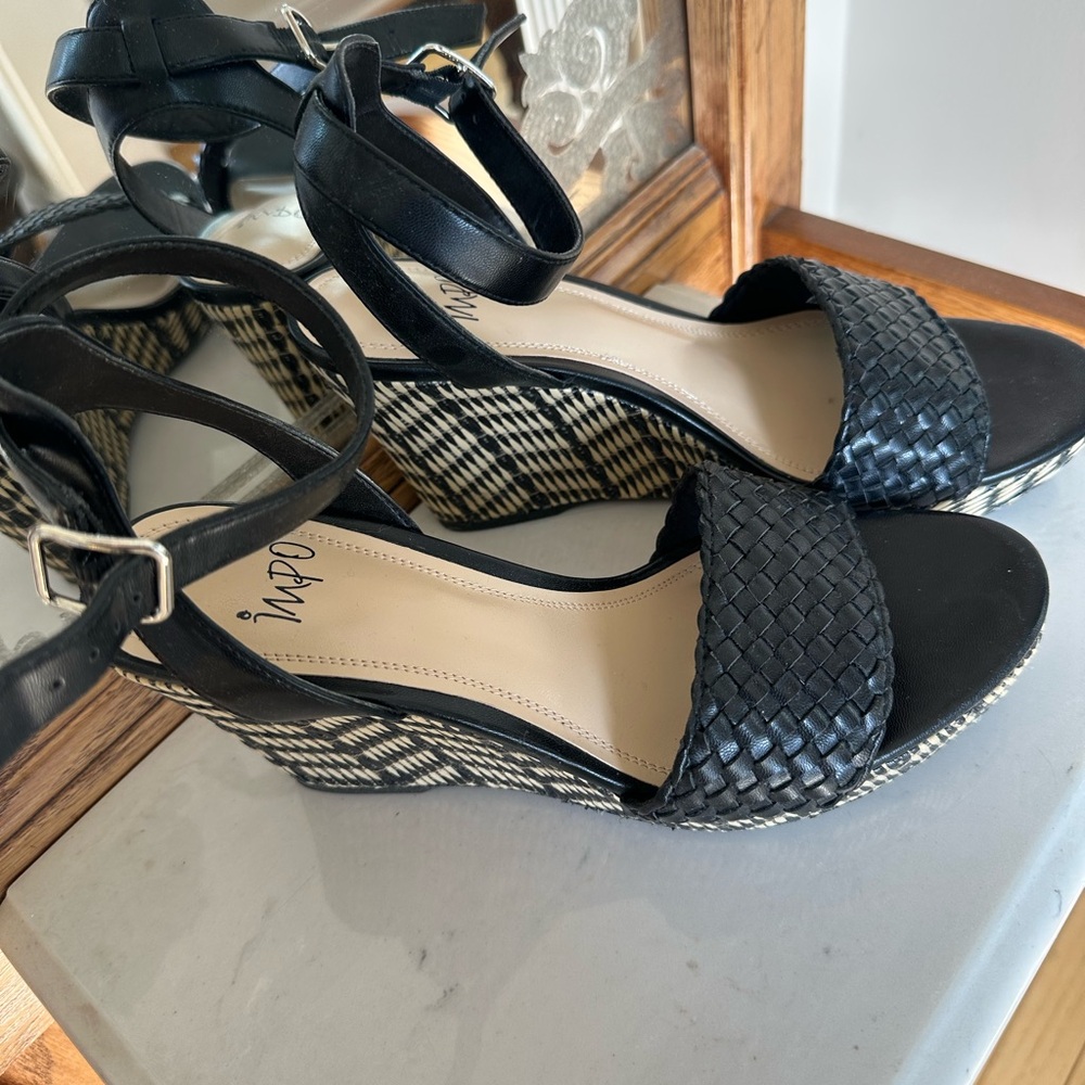 Impo Black and White Woven Wedge Sandals